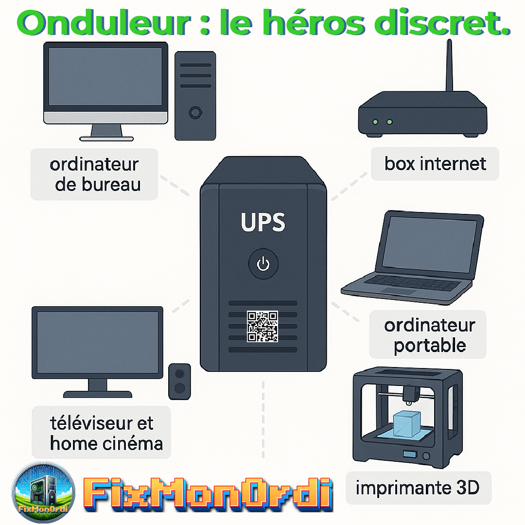 Photo d'un onduleur et des différents appareils qu'il peut protéger