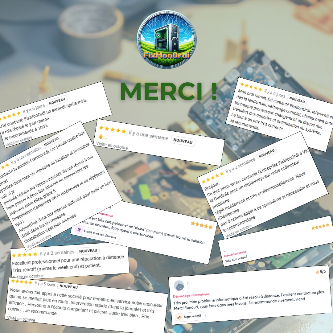 Remerciement de FixMonOrdi, pour tous les avis reçus par ses clients