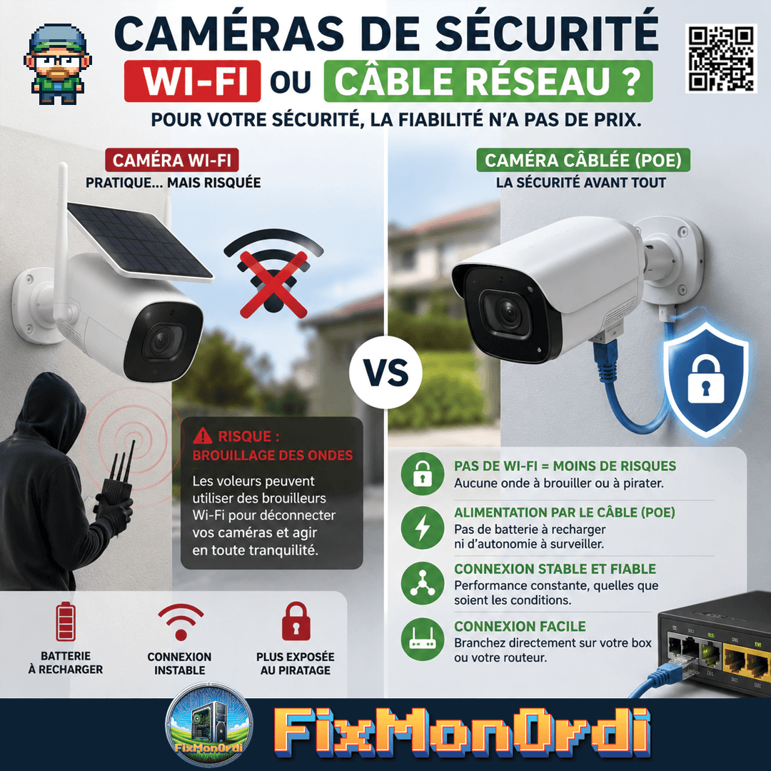 Caméras de sécurité connectées en wi-fi ou par câble réseau